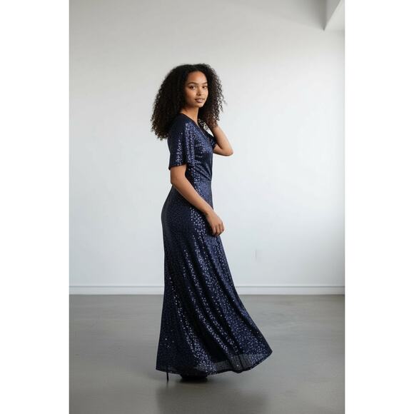 DMFashion Navy Sequin Wrap Maxi Dress Size Small Flutter Sleeve Formal Evening - Picture 5 of 16